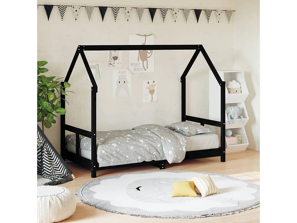 Cadre de lit pour enfant noir 80x160 bois de pin massif