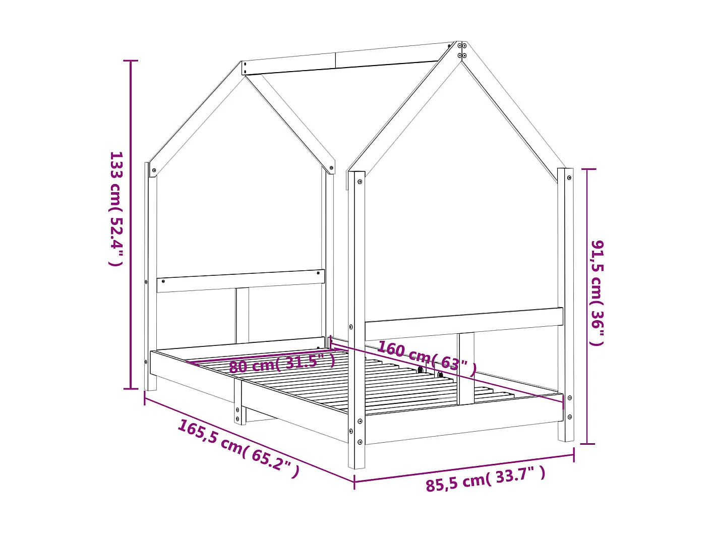 Cadre de lit pour enfant noir 80x160 bois de pin massif