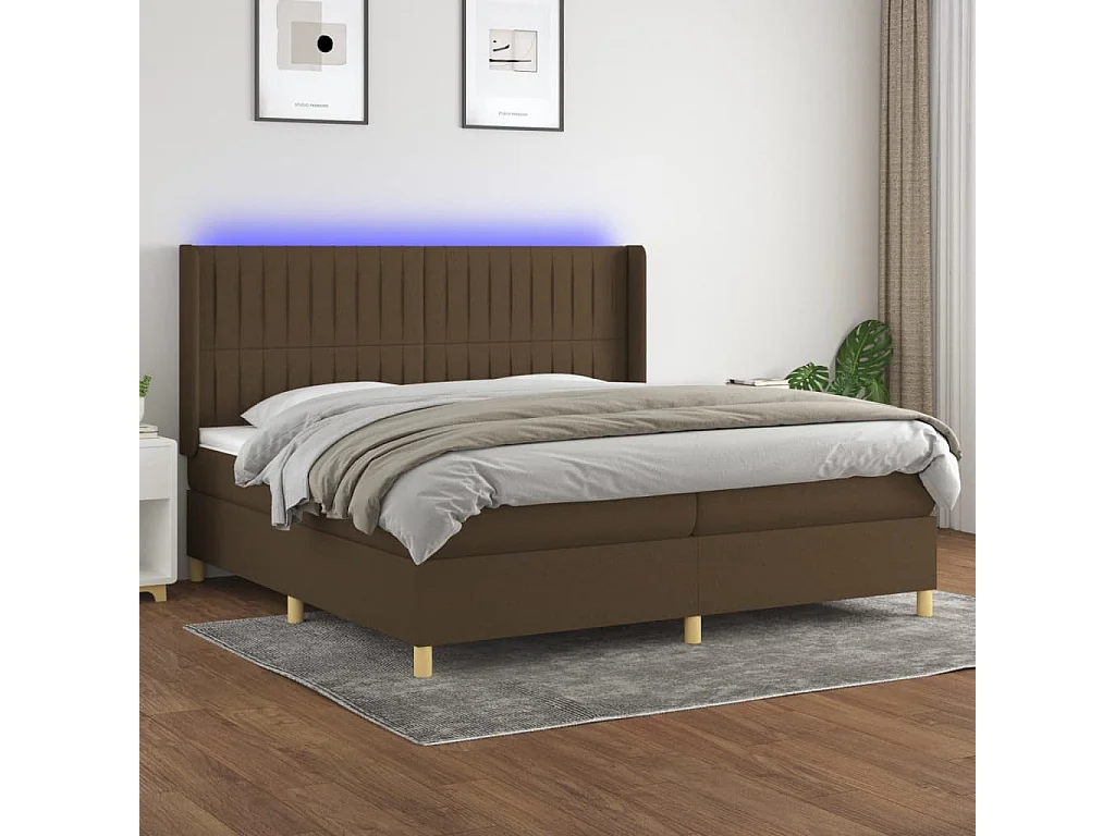 Lit à sommier tapissier matelas et LED Marron foncé 200x200 Tissu