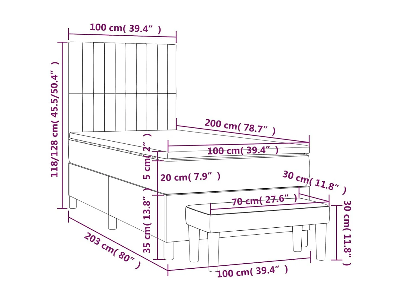 Lit à sommier tapissier avec matelas Gris clair 100x200 Tissu