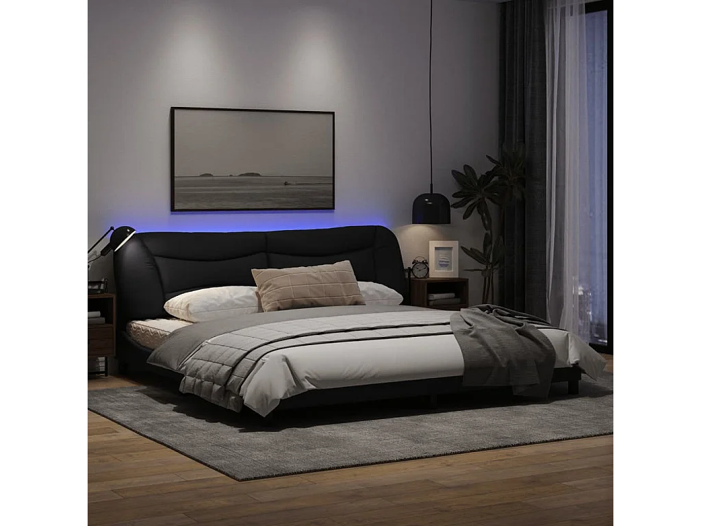 Cadre de lit avec lumières LED noir 200x200 tissu