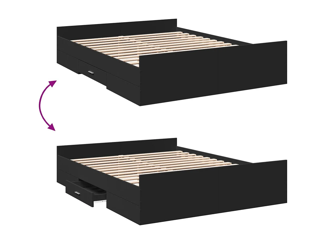 Cadre de lit avec tiroirs noir 150x200 bois d'ingénierie