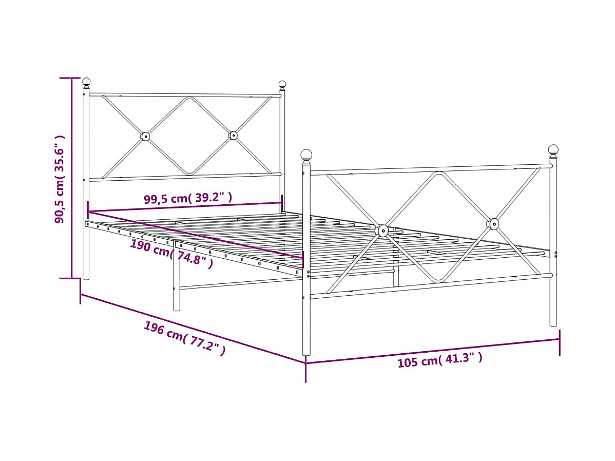 Cadre de lit métal avec tête de lit-pied de lit blanc 100x190