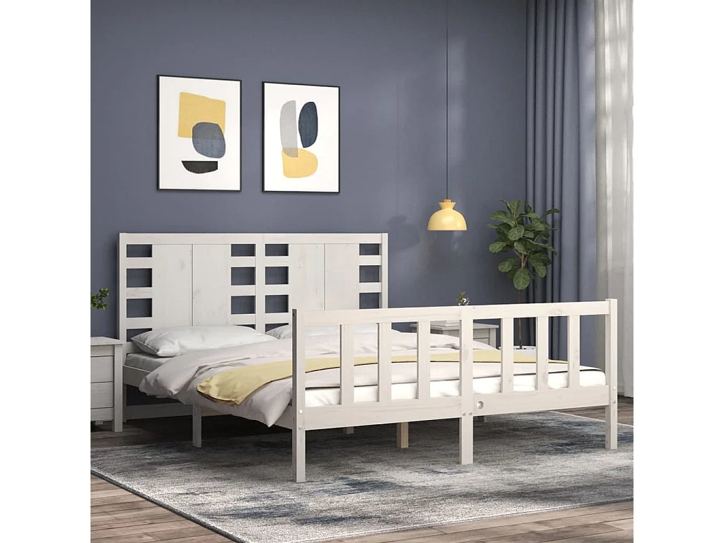 Cadre de lit avec tête de lit blanc King Size bois massif
