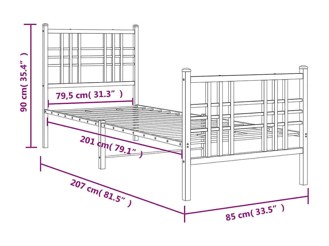 Cadre de lit métal avec tête de lit-pied de lit noir 80x200