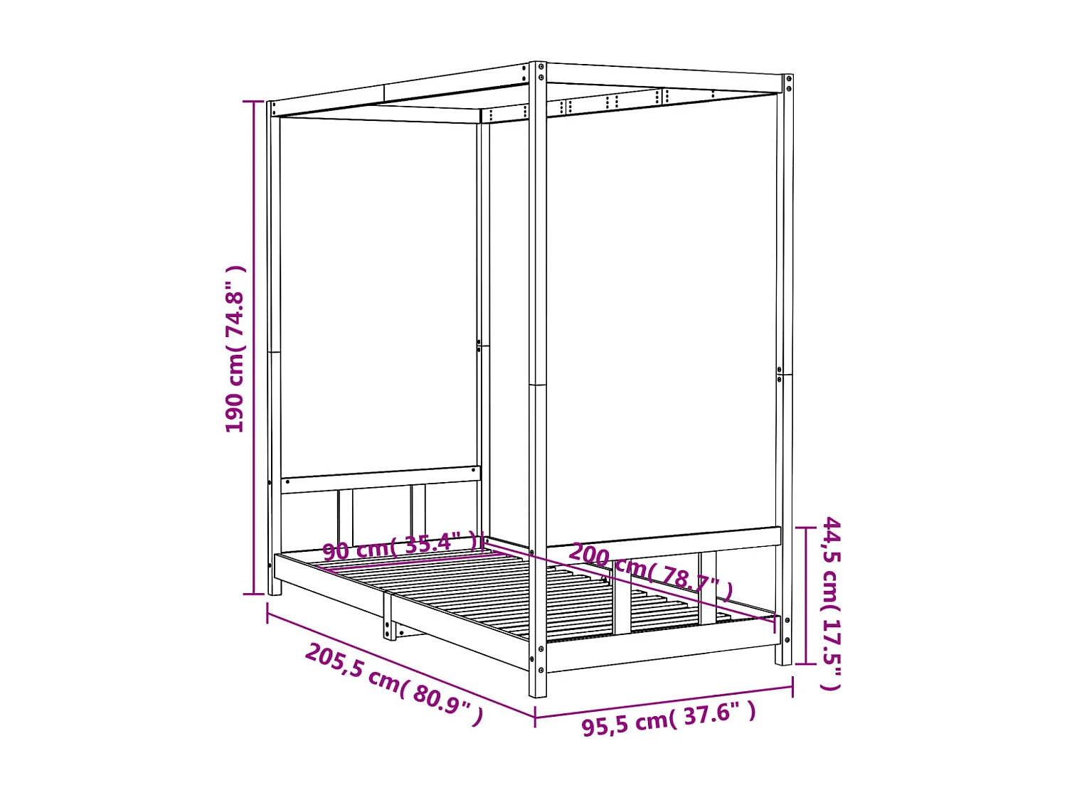 Cadre de lit pour enfants 90x200 bois de pin massif