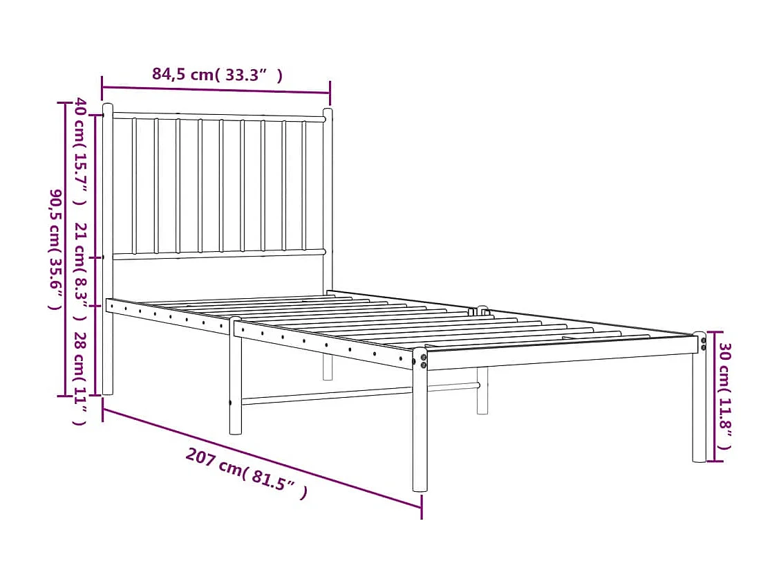 Cadre de lit métal avec tête de lit noir 80x200