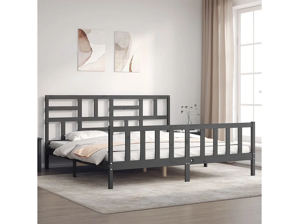 Cadre de lit avec tête de lit gris 200x200 bois massif