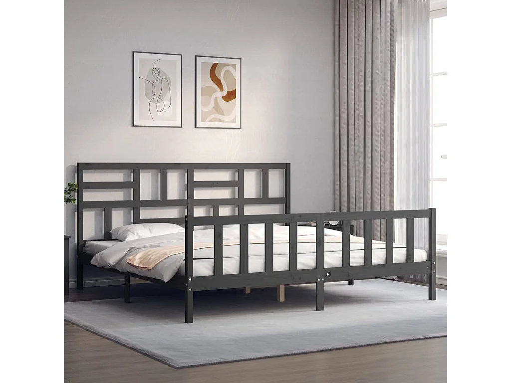 Cadre de lit avec tête de lit gris 200x200 bois massif