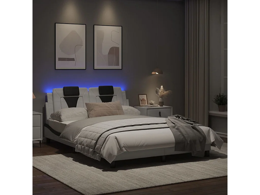 Cadre de lit avec lumières LED blanc noir 120x200 similicuir