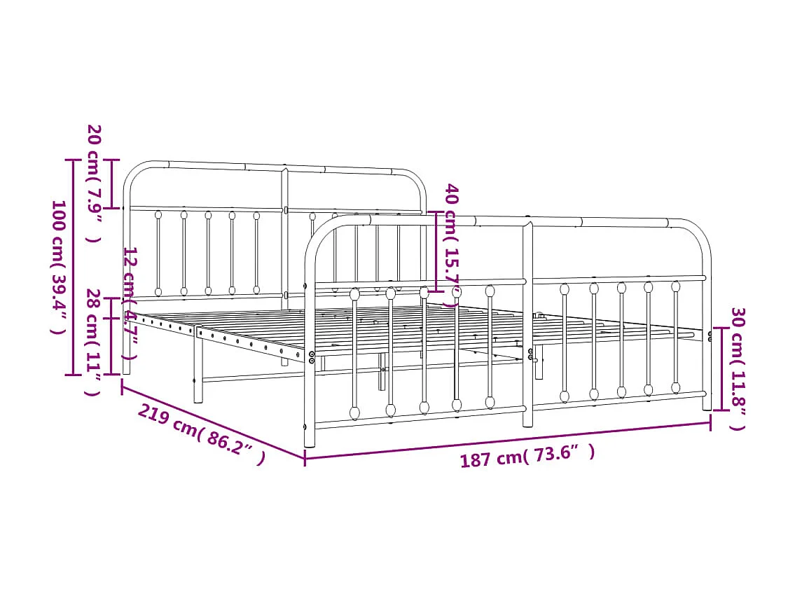 Cadre de lit métal avec tête de lit-pied de lit blanc 183x213