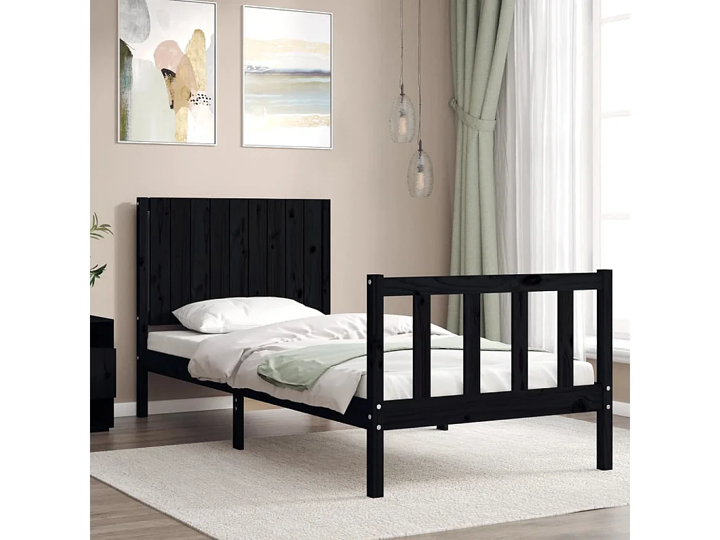 Cadre de lit avec tête de lit noir simple bois massif