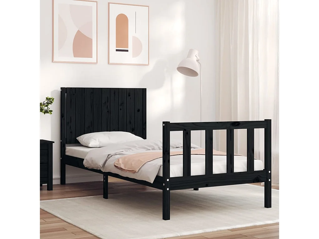 Cadre de lit avec tête de lit noir simple bois massif