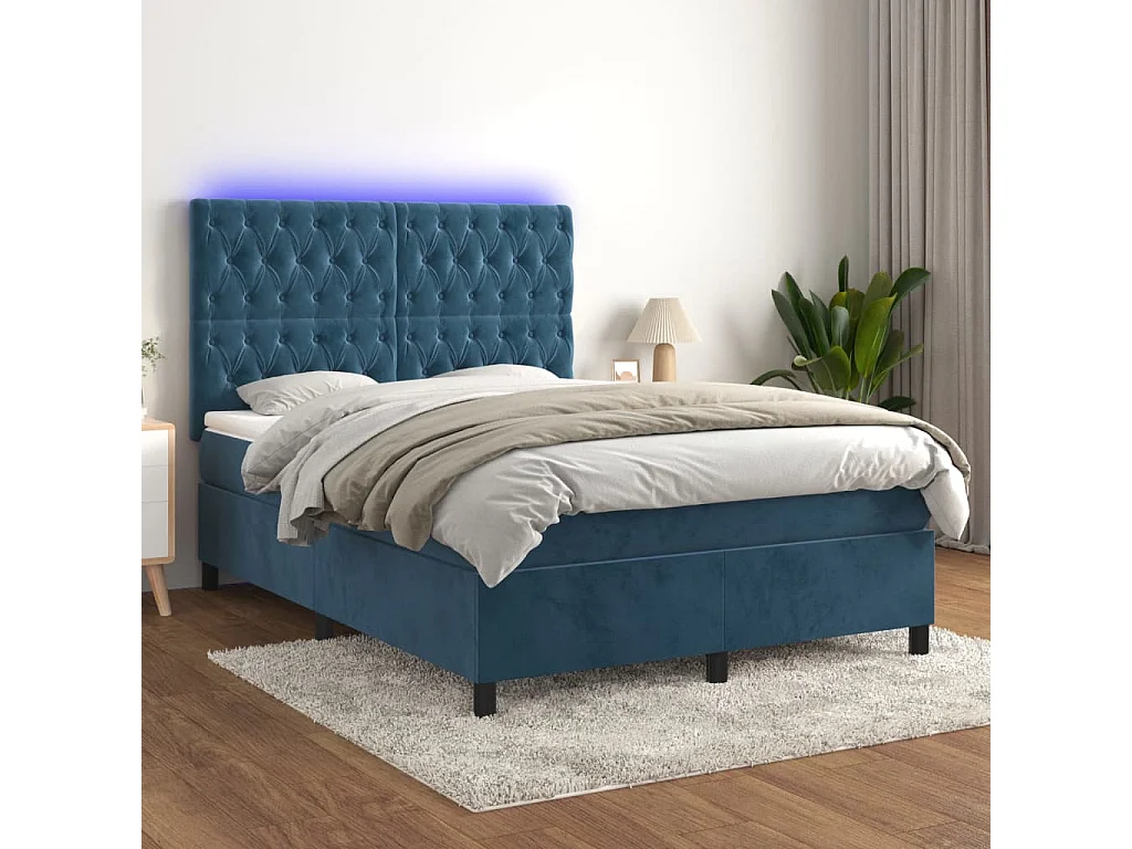 Sommier à lattes de lit matelas et LED Bleu foncé 140x190
