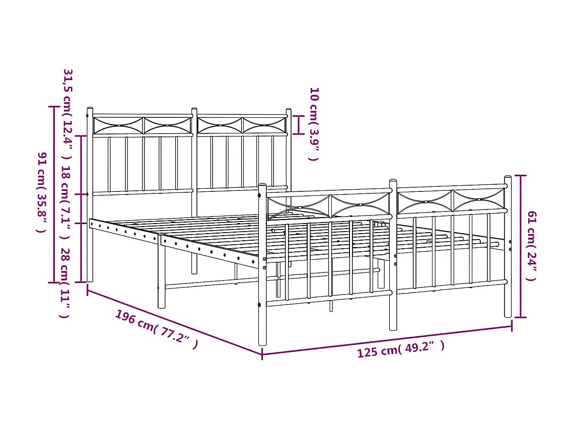 vidaXL Estructura de cama con cabecero y pie metal negro 120x190 cm