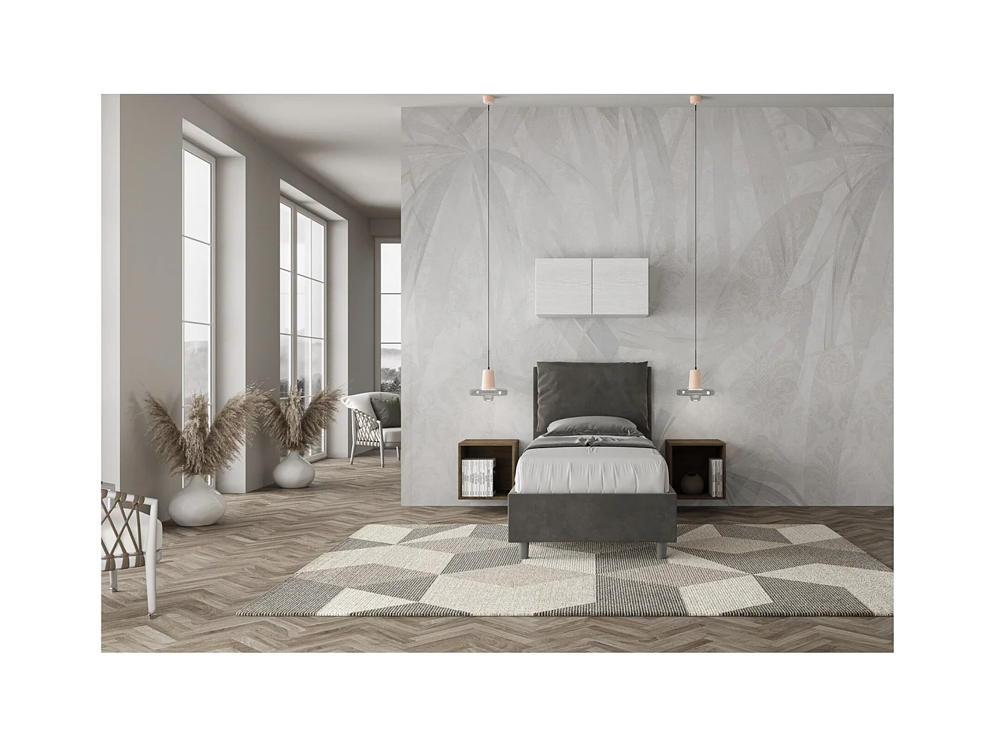 Lit adulte moderne avec coussins rembourrés microfibre Anja-Couleur Gris foncé-80x190-Option Avec sommier