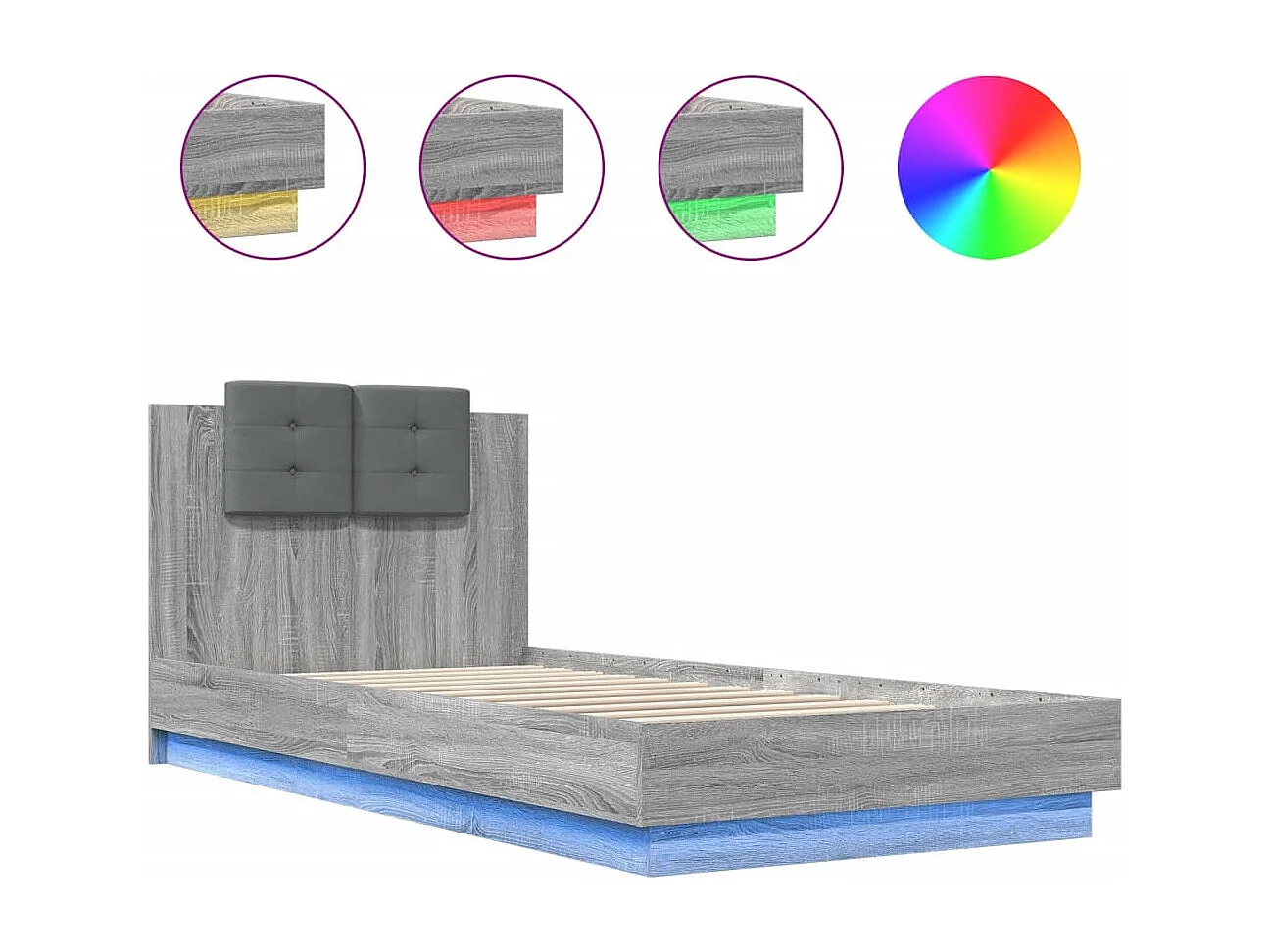 Cadre de lit tête de lit et lumières LED sonoma gris 90x200