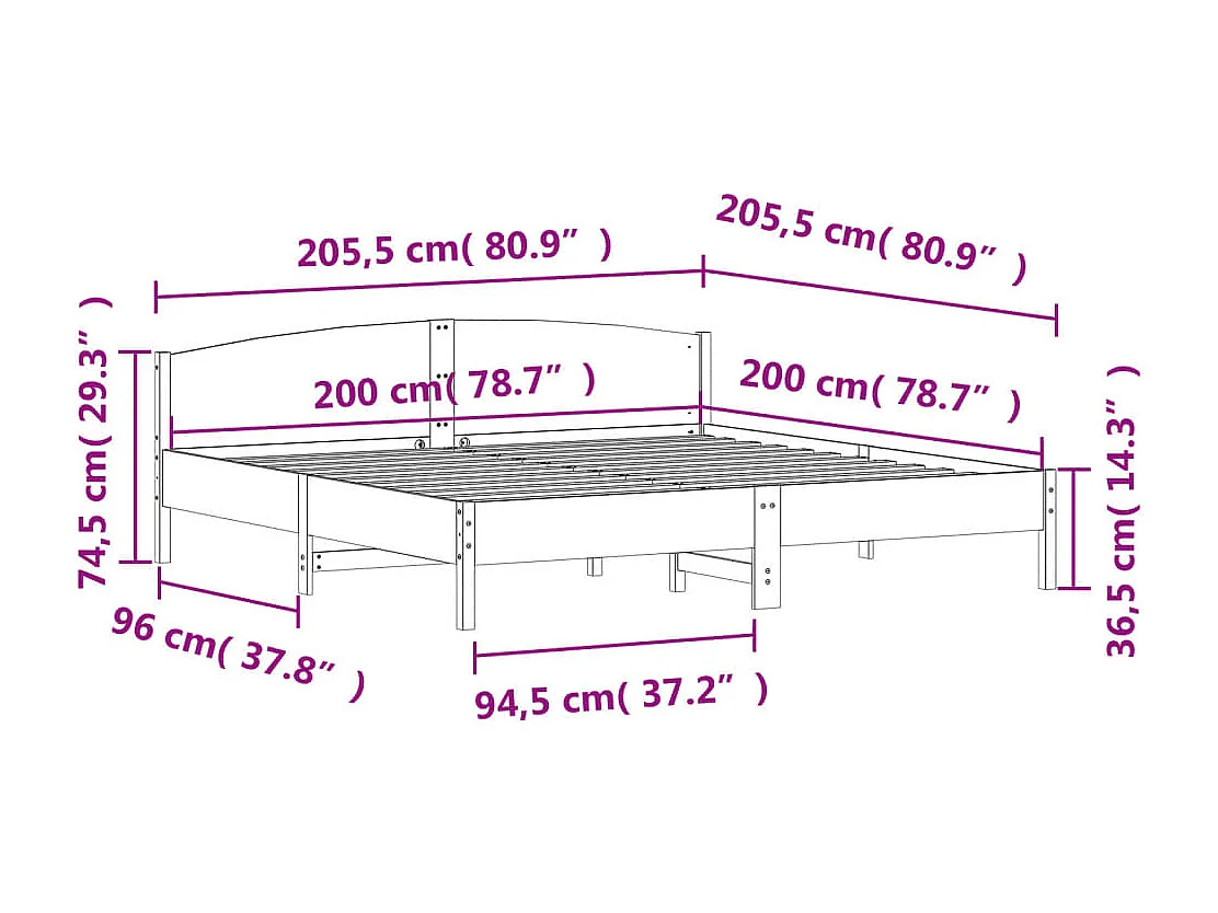 Cadre de lit et tête de lit blanc 200x200 bois de pin massif