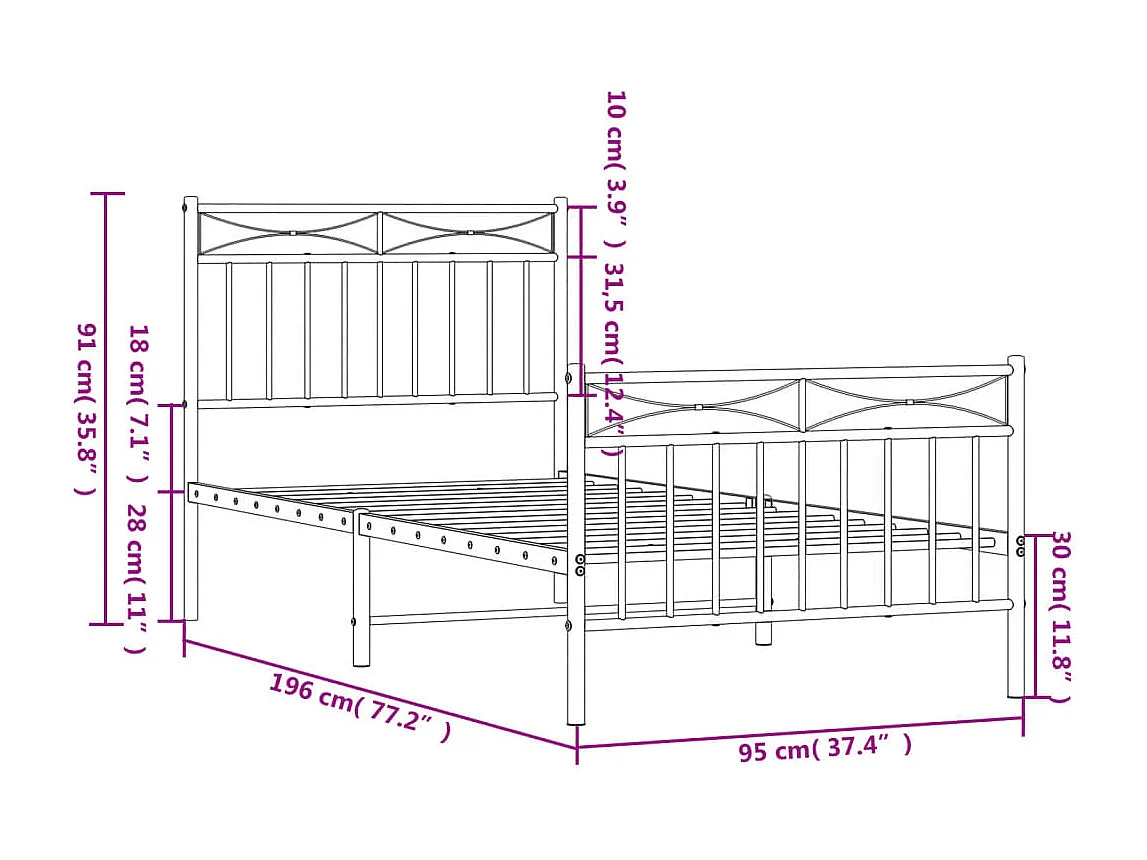 Cadre de lit métal avec tête de lit-pied de lit blanc 90x190