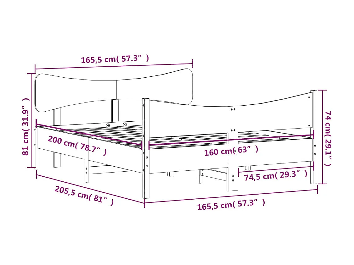Cadre de lit et tête de lit marron 160x200 bois de pin