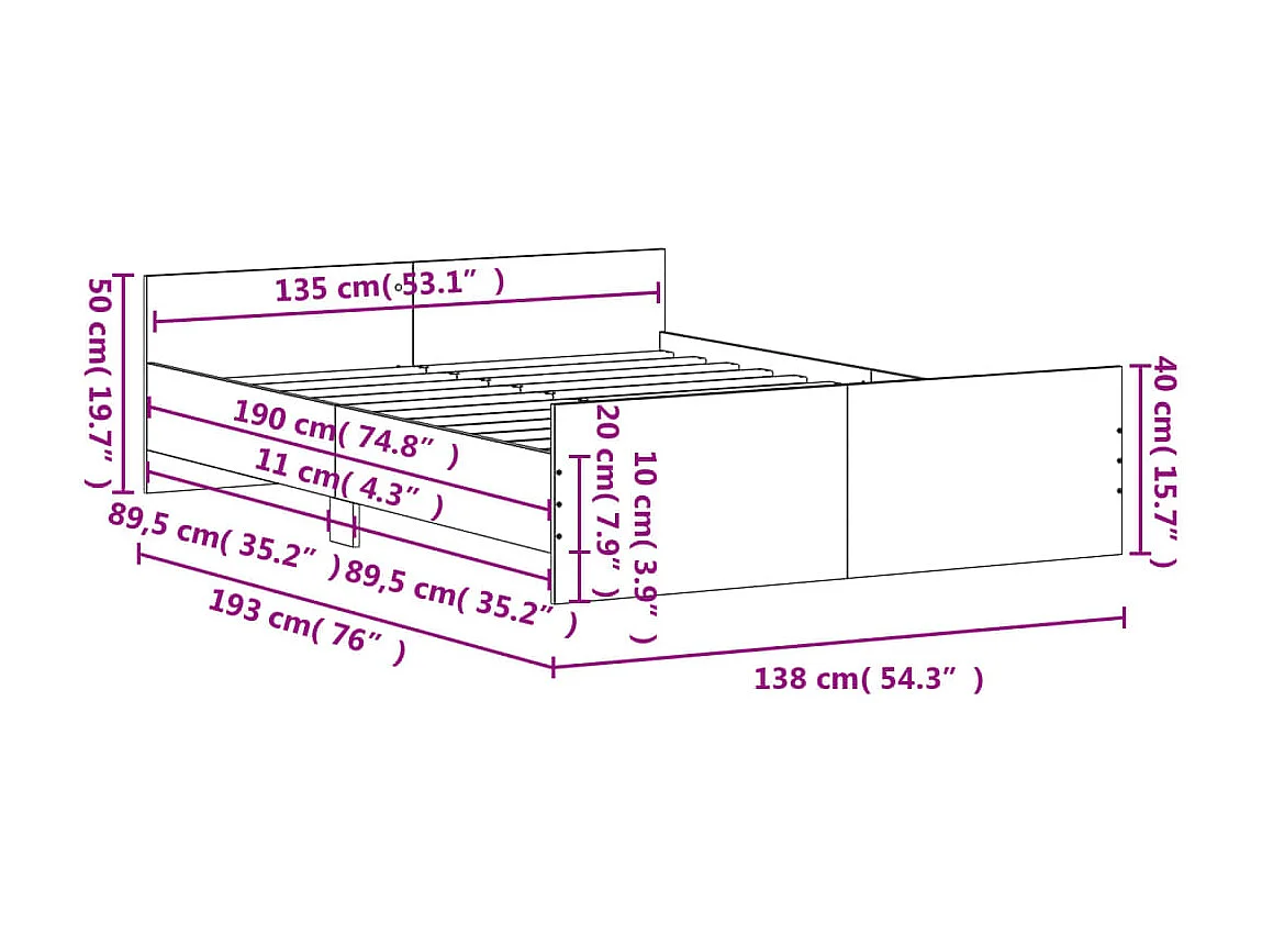 Cadre de lit tête de lit et pied de lit chêne sonoma 135x190