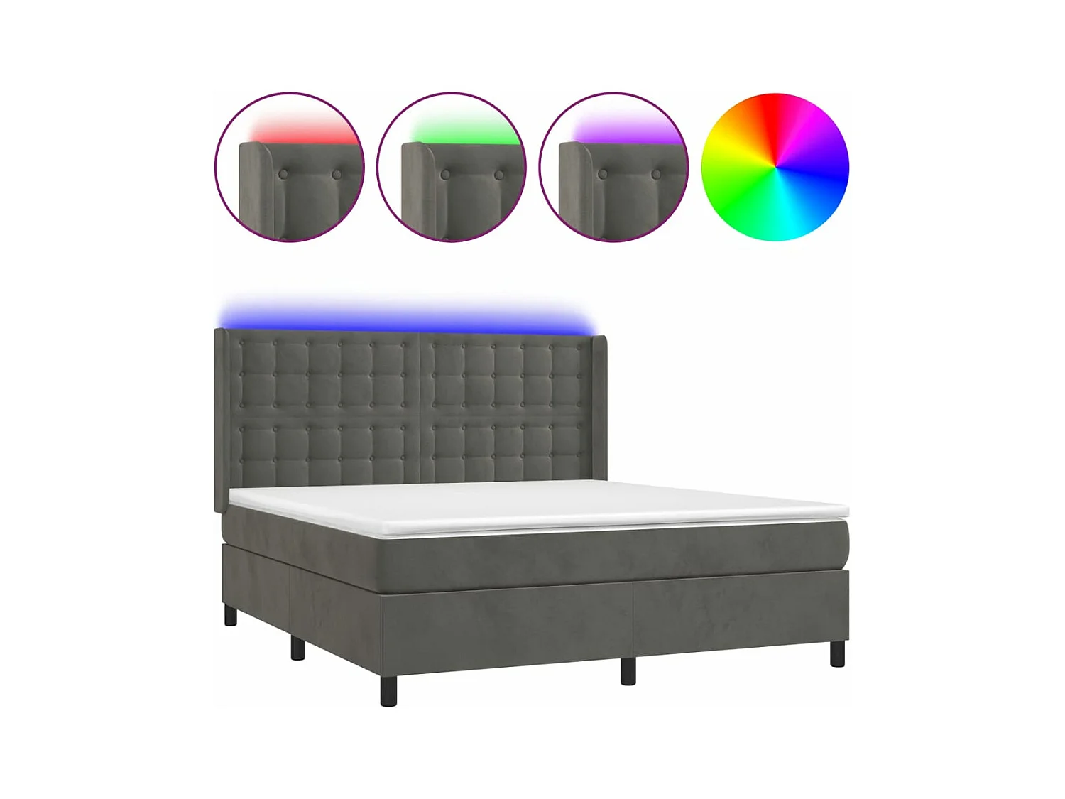 Lit à sommier tapissier matelas et LED Gris foncé 180x200 Velours