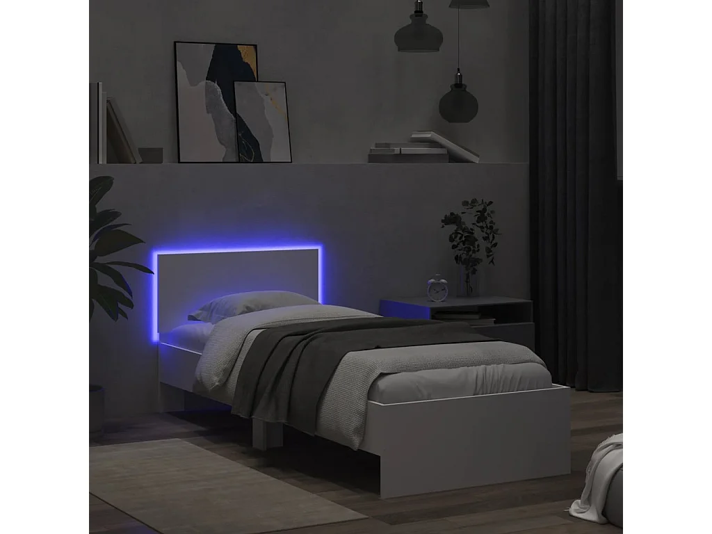 Cadre de lit avec tête de lit et lumières LED blanc 90x200