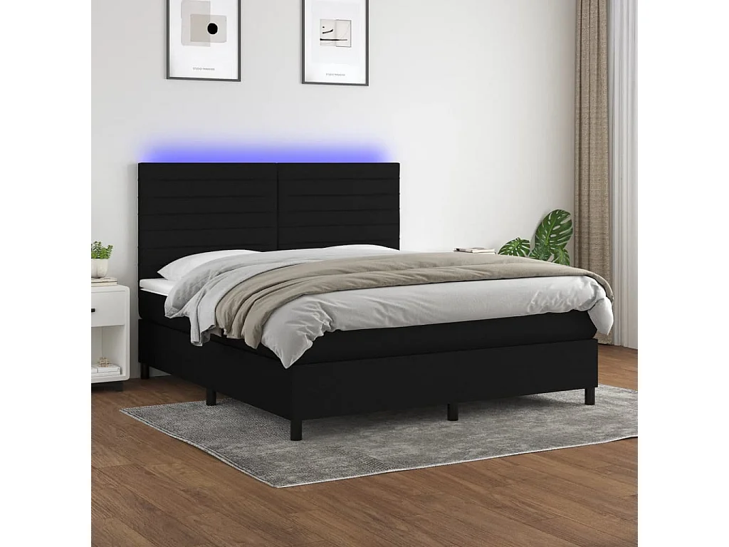 Sommier à lattes de lit et matelas et LED Noir 180x200 Tissu