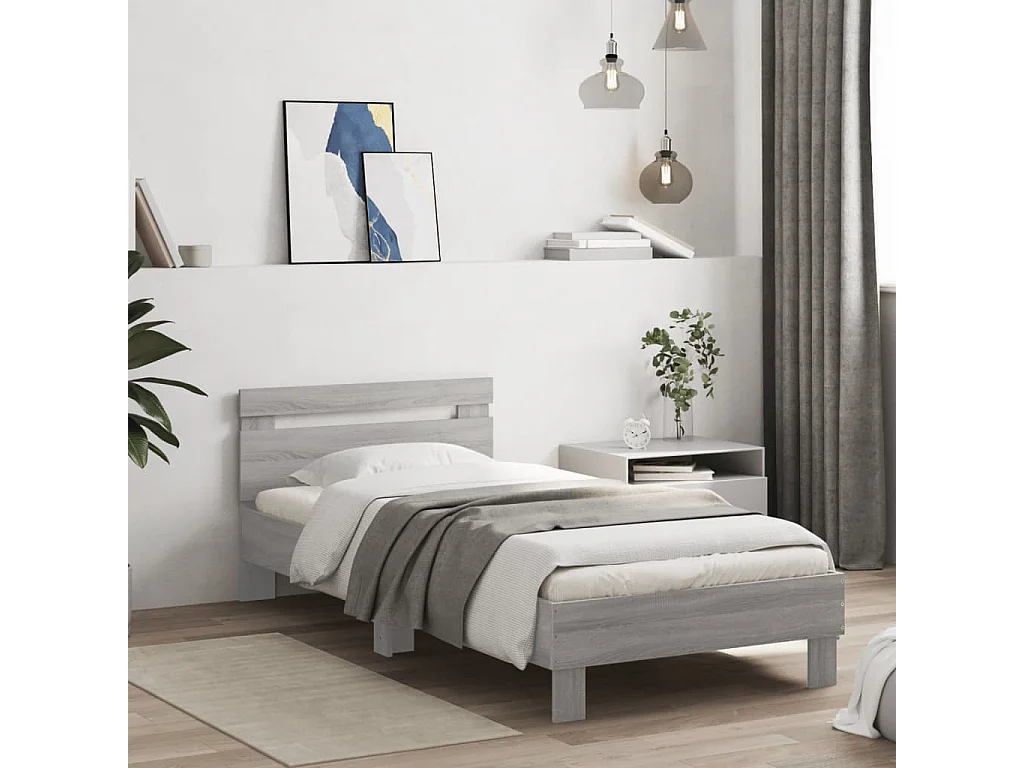 Cadre de lit tête de lit et lumières LED sonoma gris 90x200