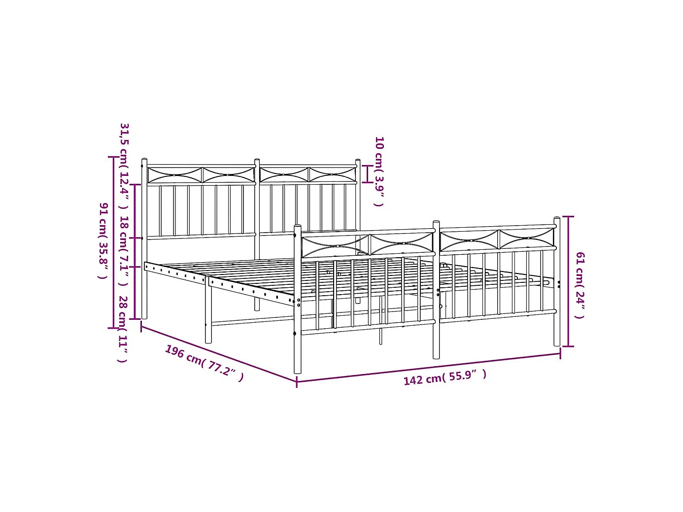 Cadre de lit métal avec tête de lit-pied de lit blanc 135x190