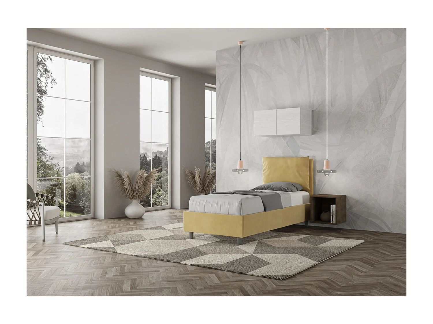 Letto senza rete imbottito 90x190 microfibra ocra Appia