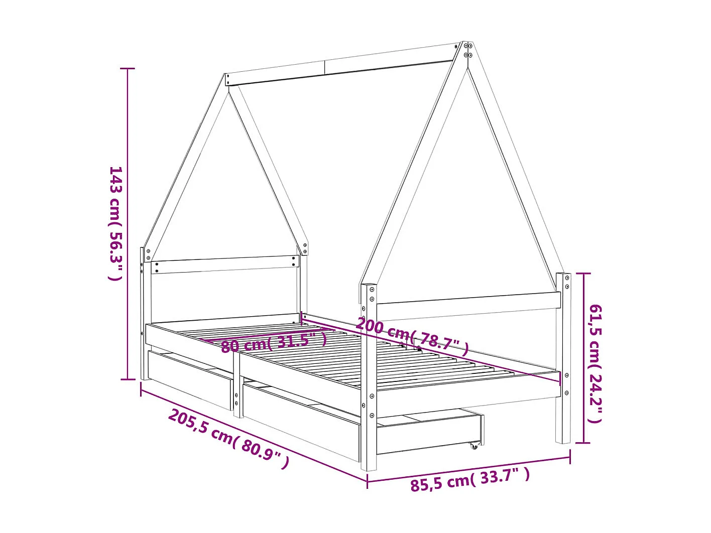 Cadre de lit enfant tiroirs blanc 80x200 bois de pin massif
