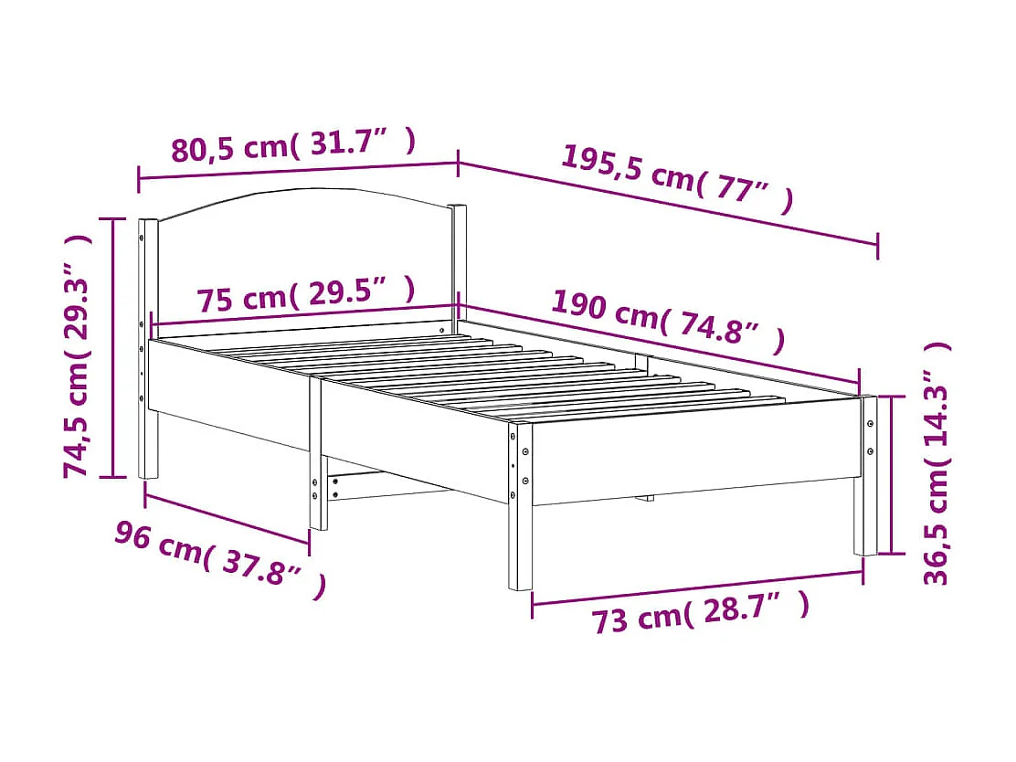 Cadre de lit avec tête de lit 75x190 bois de pin massif