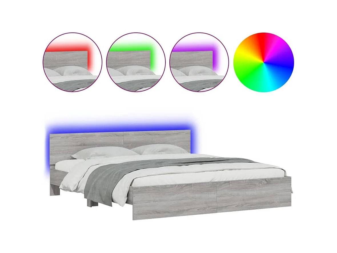 Cadre de lit avec tête de lit et LED sonoma gris 200x200