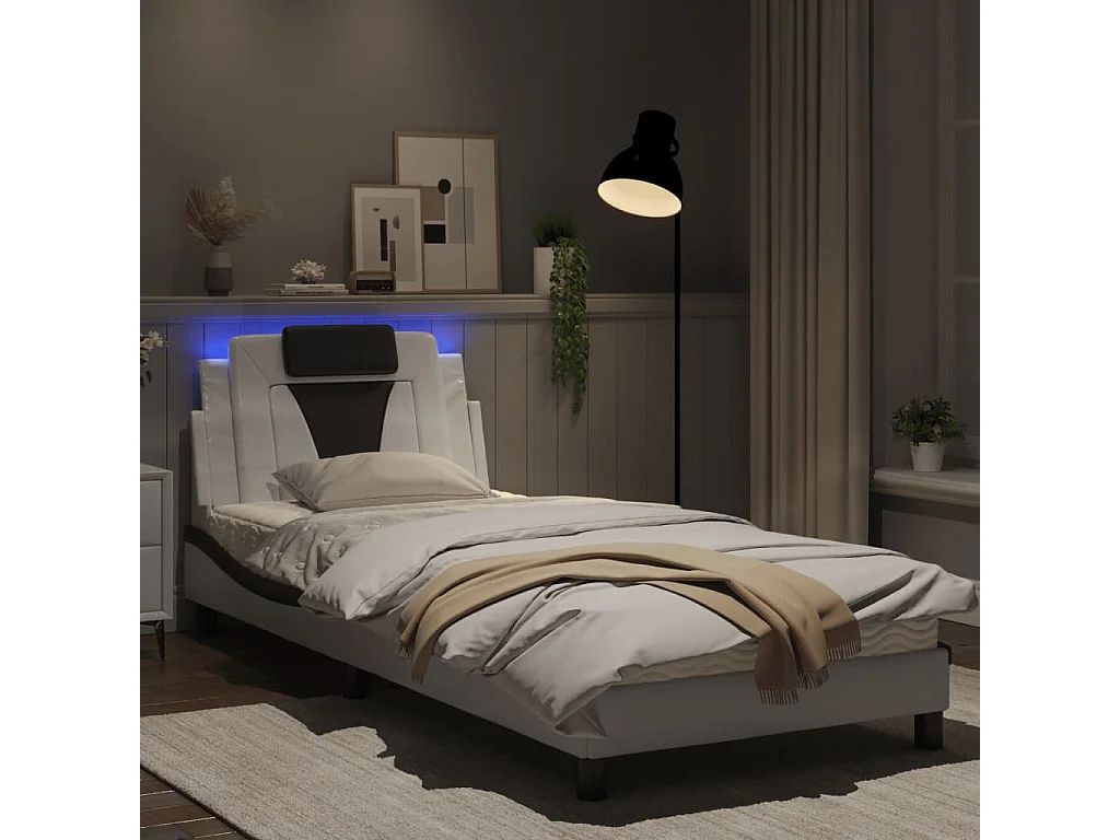 Cadre de lit avec lumières LED blanc noir 80x200 similicuir