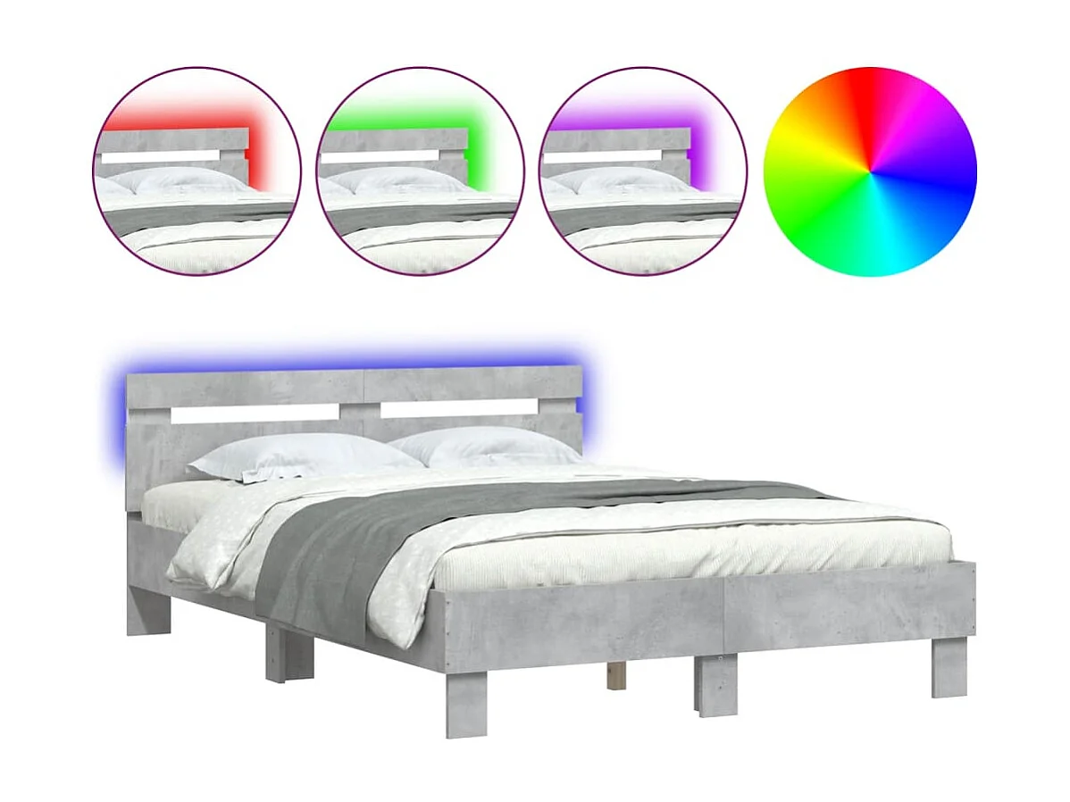 Cadre de lit avec tête de lit et LED gris béton 120x190
