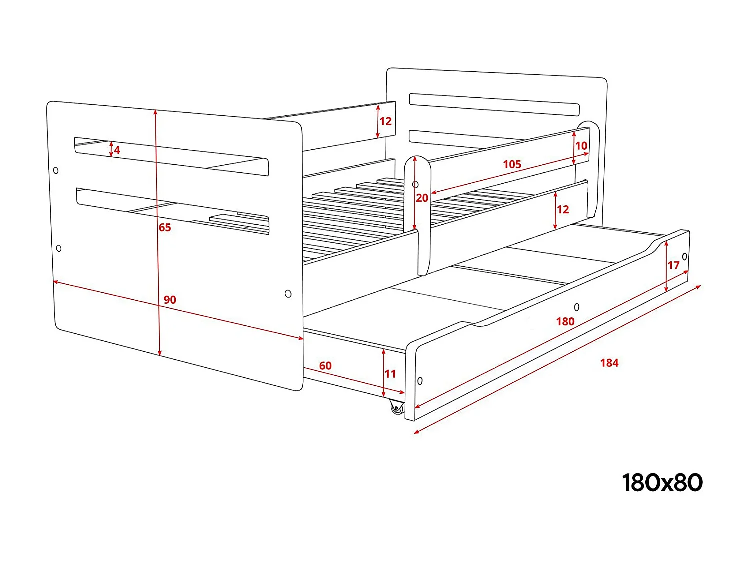 Lit enfant avec barrière de sécurité amovible blanc et gris Moly-Matelas mousse-80x180