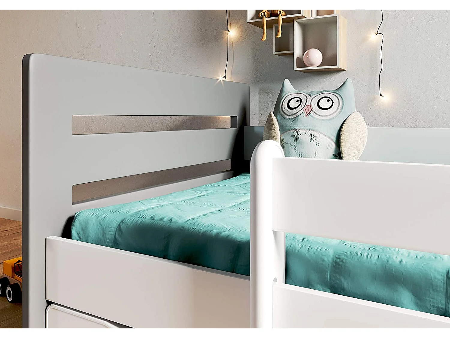 Lit enfant avec barrière de sécurité amovible blanc et gris Moly-Matelas mousse-80x180