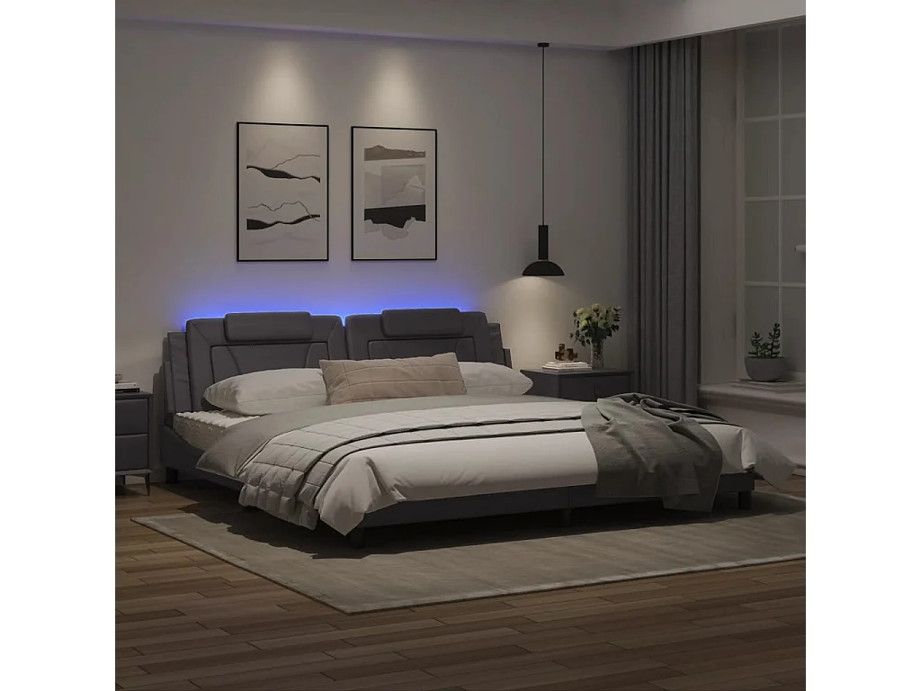 Cadre de lit avec lumières LED gris 200x200 similicuir