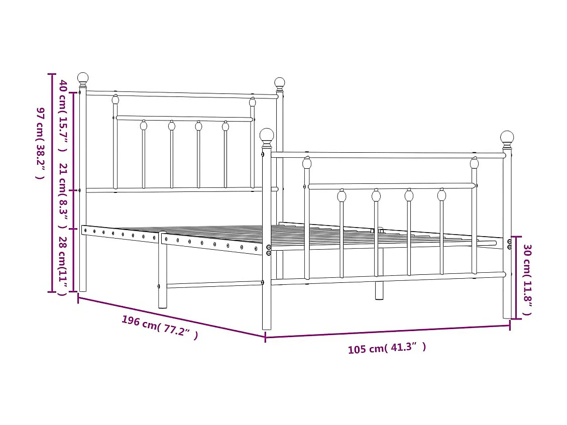 Cadre de lit métal avec tête de lit-pied de lit noir 100x190