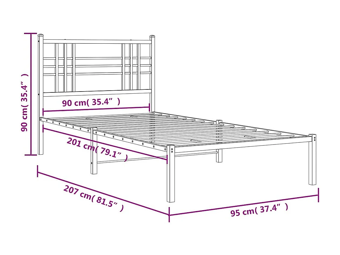 Cadre de lit métal avec tête de lit noir 90x200