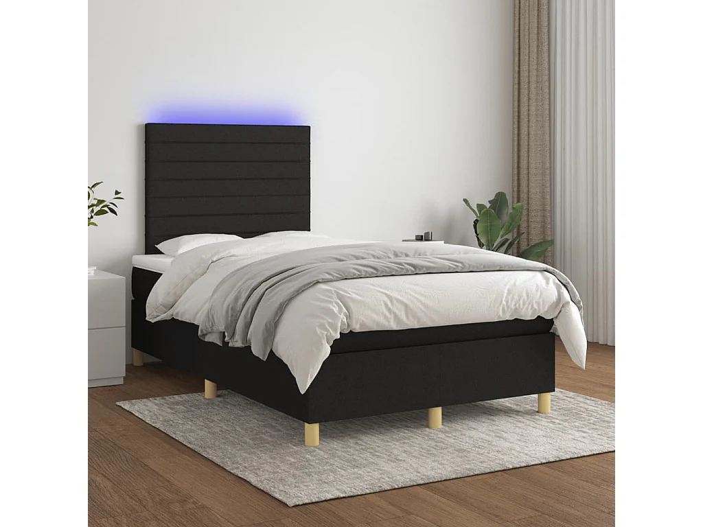 Sommier à lattes de lit matelas et LED noir 120x190 tissu