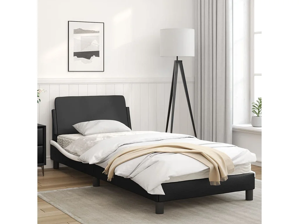 Cadre de lit avec tête de lit noir et blanc 90x190 similicuir