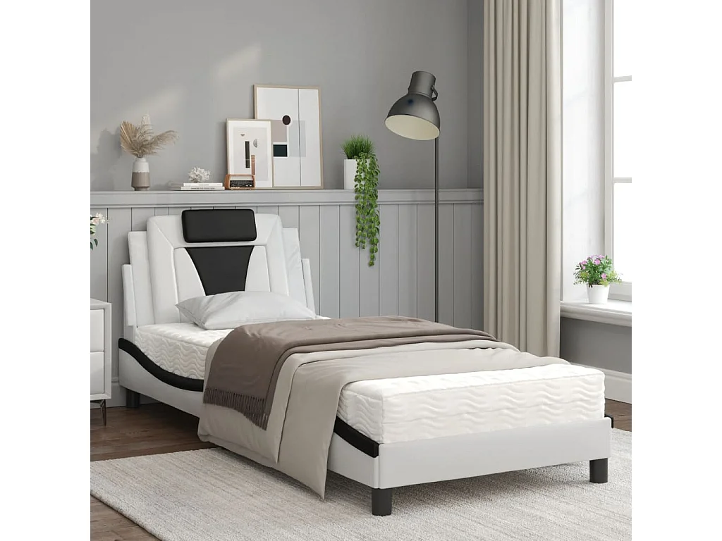 Lit avec matelas blanc et noir 90x190 similicuir