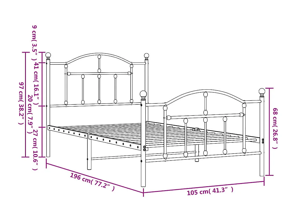 Cadre de lit métal avec tête de lit-pied de lit blanc 100x190