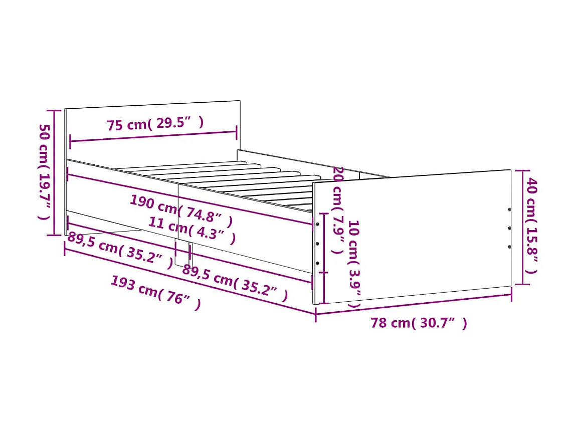 Cadre de lit chêne fumé 75x190 petit simple bois ingénierie