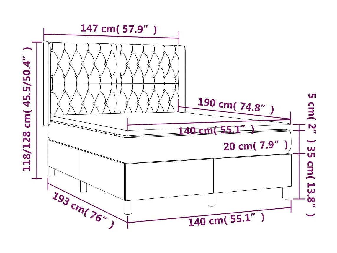 Sommier à lattes de lit matelas et LED Noir 140x190 Tissu