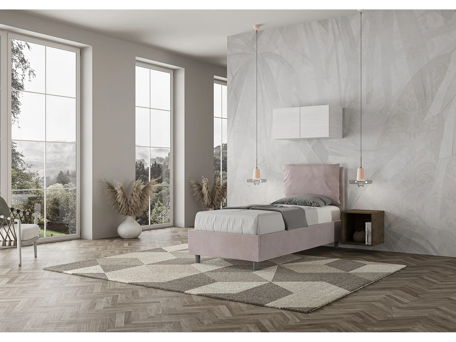 Lit adulte moderne avec coussins rembourrés microfibre Anja-Couleur Rose clair-80x190-Option Avec sommier