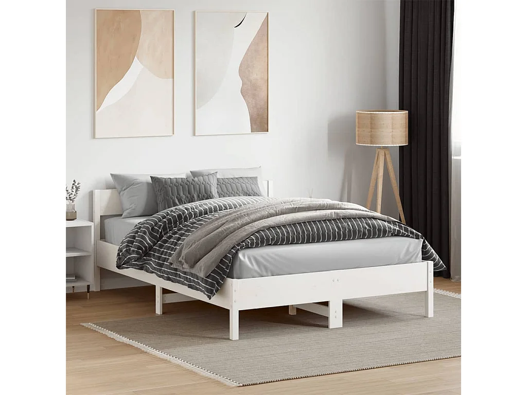 Cadre de lit avec tête de lit blanc 135x190 bois pin massif