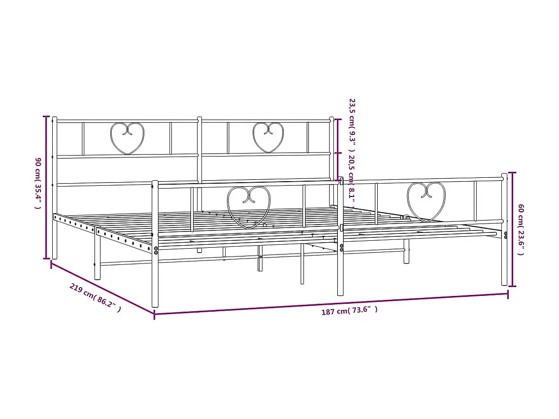 Cadre de lit métal avec tête de lit-pied de lit noir 183x213